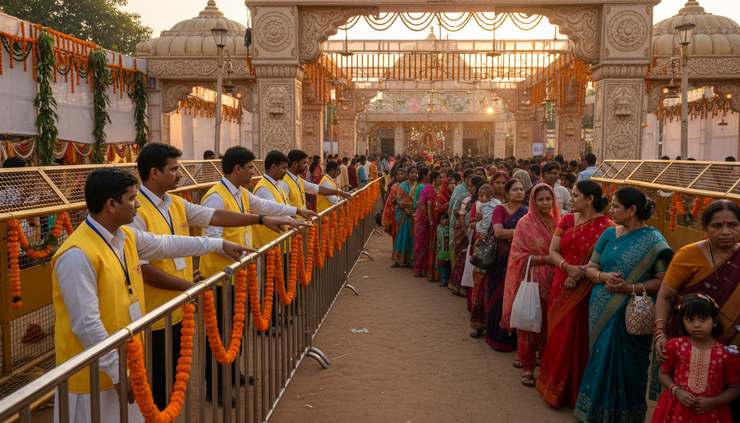 Eye-level view of volunteers guiding visitors near barricades at a community festival entrance