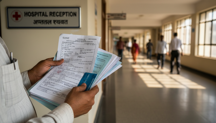 Close-up view of a hospital reception sign and insurance documents in hand