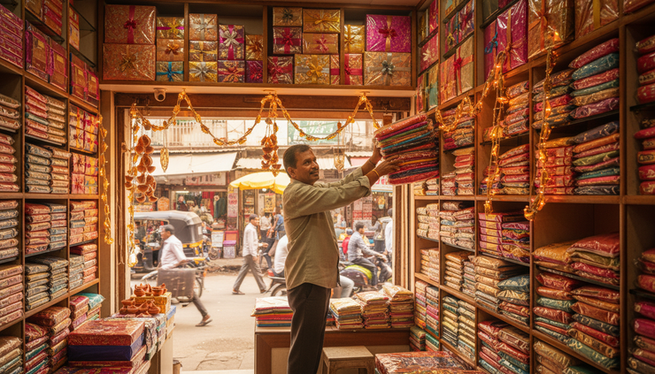 Wide-angle view of an Indian retail shop with festive stock displayed for Diwali.