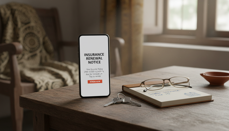 Close-up of a smartphone showing an insurance renewal reminder beside vehicle keys
