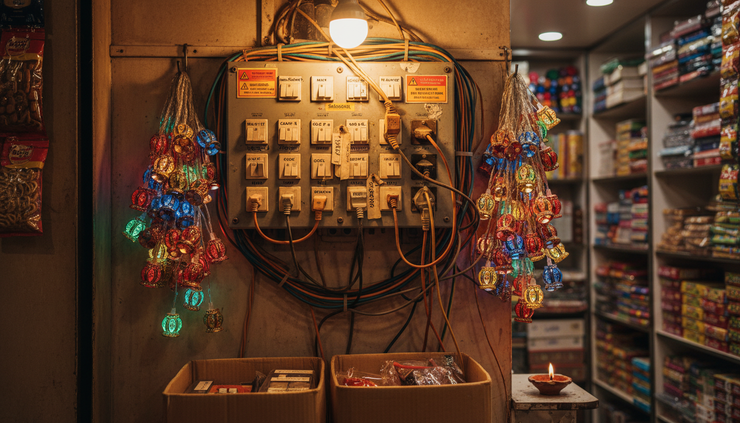 Close-up view of an overloaded shop electrical board with decorative Diwali lights plugged in safely nearby.