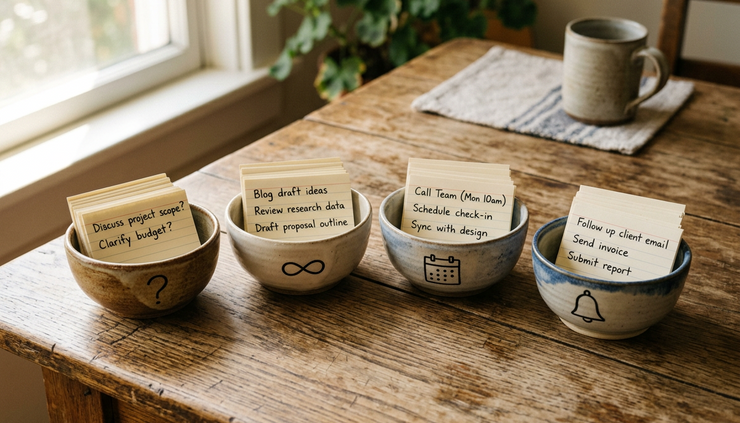 Eye-level view of handwritten note cards sorted into small ceramic bowls.