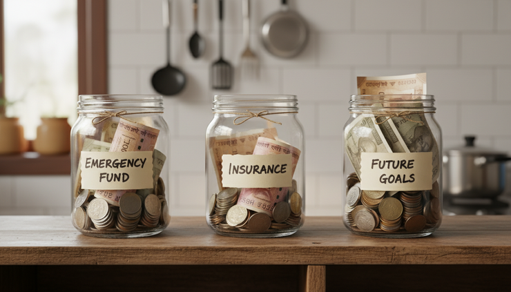 Eye-level view of three labelled jars for emergency fund, insurance, and future goals