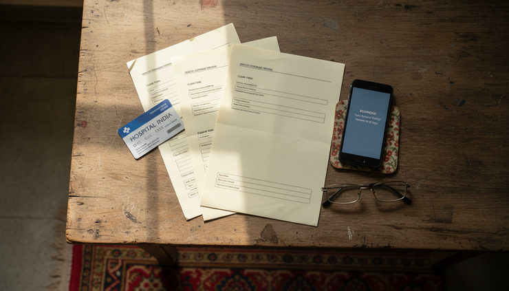 Overhead view of insurance papers, a hospital card and a smartphone showing a renewal reminder