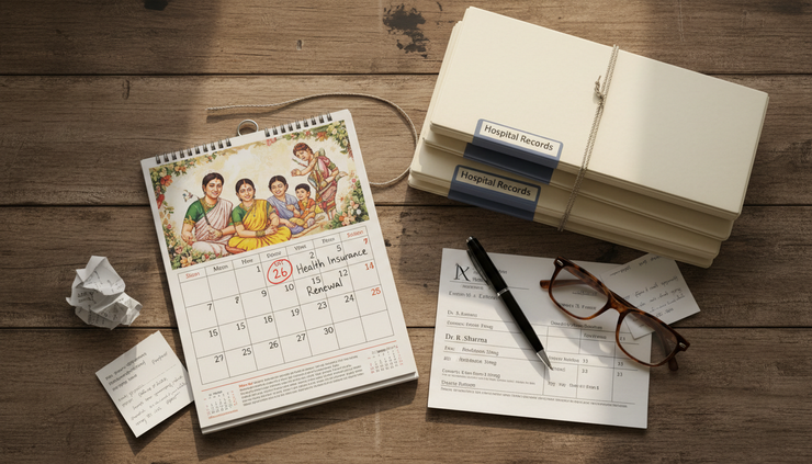 Overhead view of a calendar marked for health insurance renewal with medical files nearby