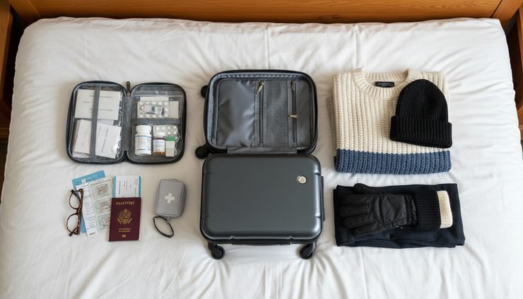 Top-down view of winter clothes, medicines and travel documents arranged beside a suitcase.