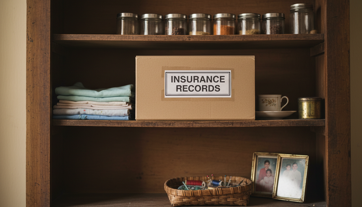 Wide-angle view of a household cupboard with an insurance file placed neatly inside