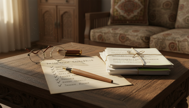 Close-up of a handwritten insurance checklist beside spectacles and policy papers