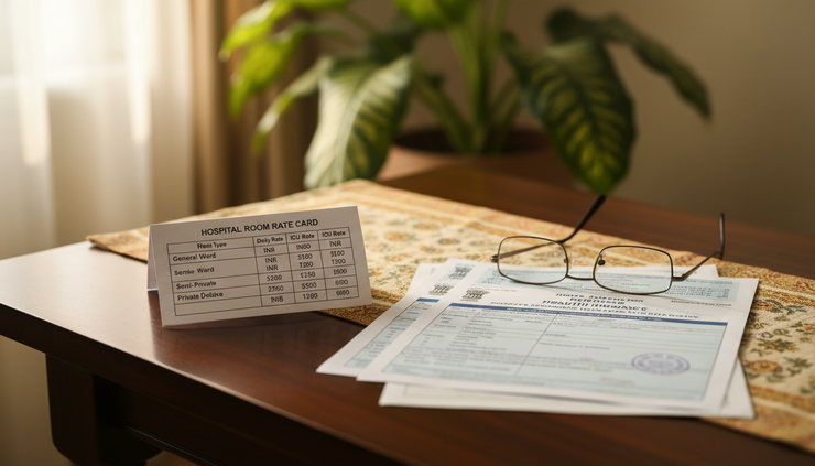 Close-up view of a hospital room rate card and health policy documents