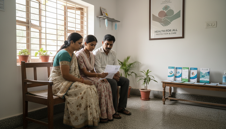 Eye-level view of a family reading a hospital bill in a clinic waiting area
