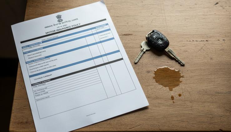 Overhead view of a car insurance document beside wet car keys