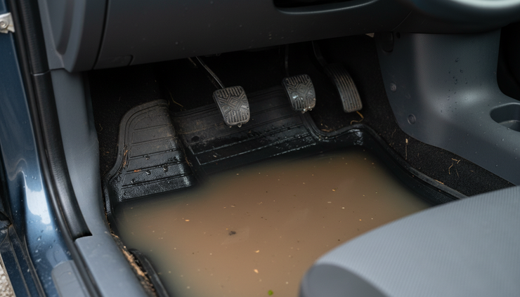Close-up view of muddy water inside a car footwell