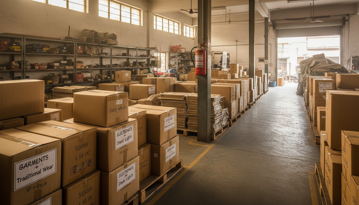 Eye-level view of stacked cartons and labelled festive stock inside an Indian warehouse.