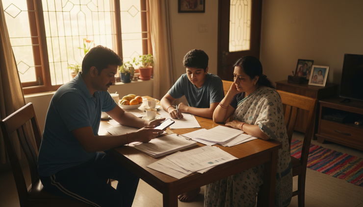 Wide-angle view of a family checking insurance papers at a dining table in an Indian home