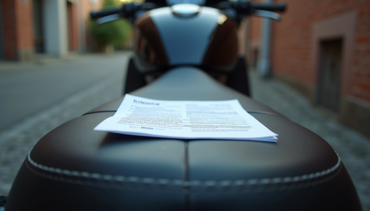 Close-up view of a motorbike with insurance documents on the seat