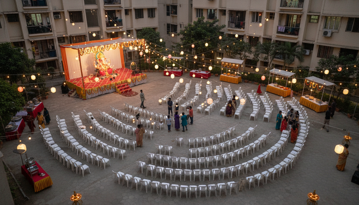 High-angle view of a residential society courtyard prepared for a Ganesh Chaturthi gathering