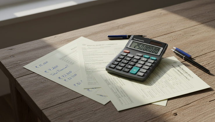 Close-up view of a calculator beside health insurance premium papers