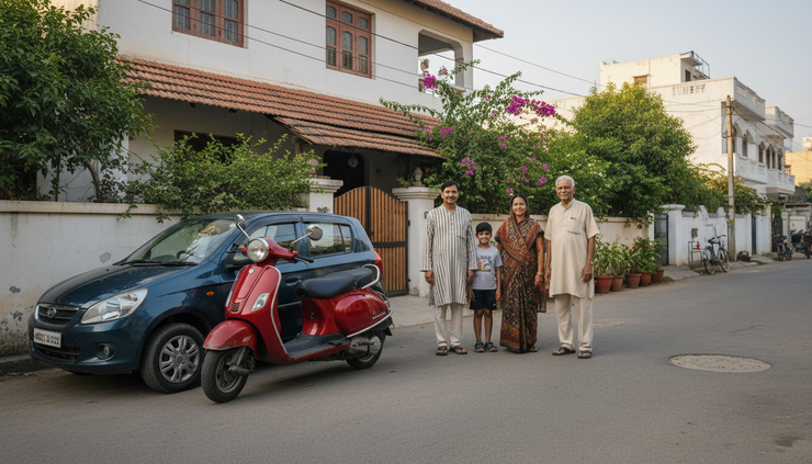 Eye-level view of a family standing beside a parked scooter and compact car outside a modest Indian home.
