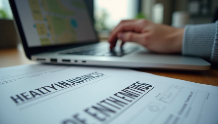Eye-level view of a freelancer working on a laptop with health insurance documents on the desk