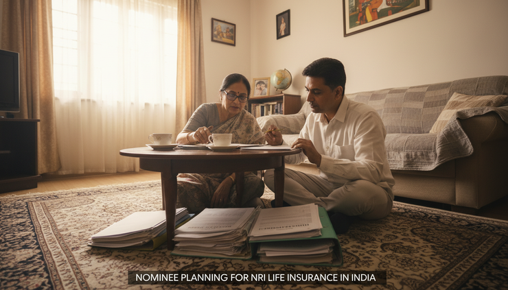 Wide-angle view of an Indian parent and adult child reviewing papers in a living room