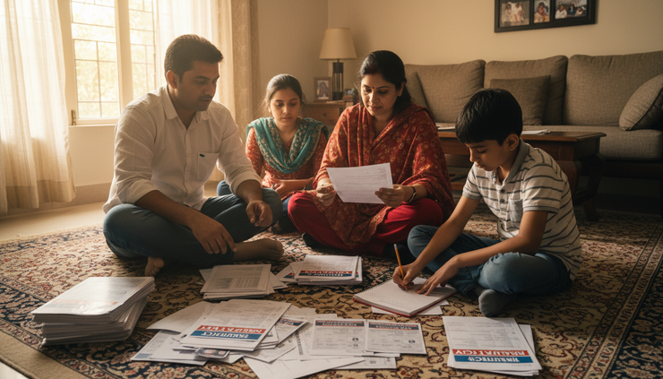 Eye-level view of a family sorting insurance papers at home