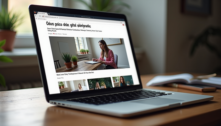 Eye-level view of a laptop screen showing a blog post with embedded video and images