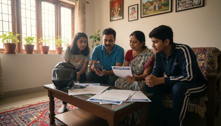 Wide-angle view of a family checking insurance options on a smartphone at home