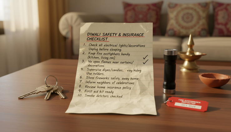 Overhead view of a Diwali safety checklist beside keys and policy papers.
