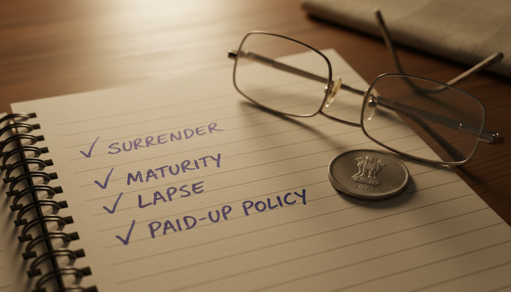 Close-up view of a handwritten note comparing surrender maturity lapse and paid-up policy