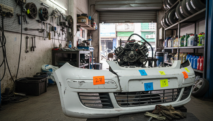 Close-up view of a damaged car bumper being inspected in a repair garage