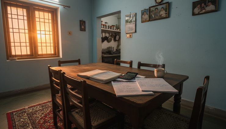 Wide-angle view of a small Indian home with policy papers and monthly expense notes on a dining table