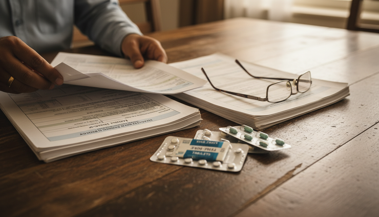 Close-up view of a hand comparing health insurance documents beside medicine strips