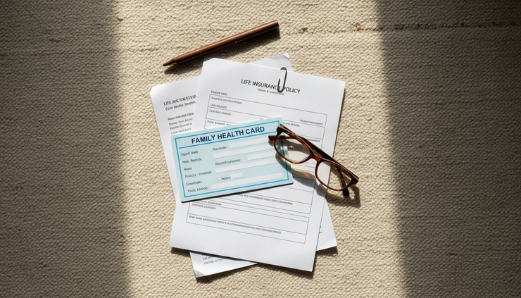 Top-down view of family health card and life insurance documents on a cotton rug