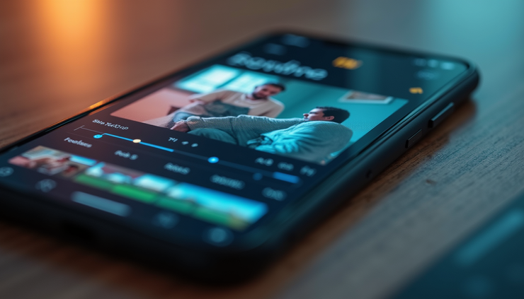 Eye-level view of a smartphone displaying a short-form video editing app interface