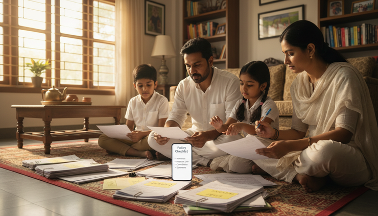 Eye-level view of a family sorting insurance papers at home