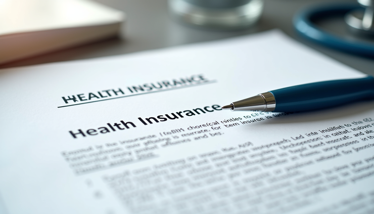 Close-up view of a health insurance policy document with a pen on top
