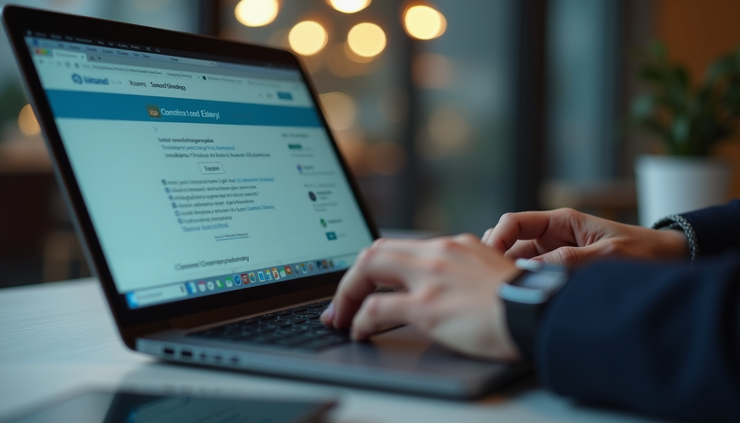 Close-up of a person typing on a laptop with SEO content editing software open