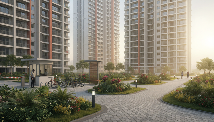 Wide-angle view of an Indian apartment society courtyard with residential towers and common pathways.