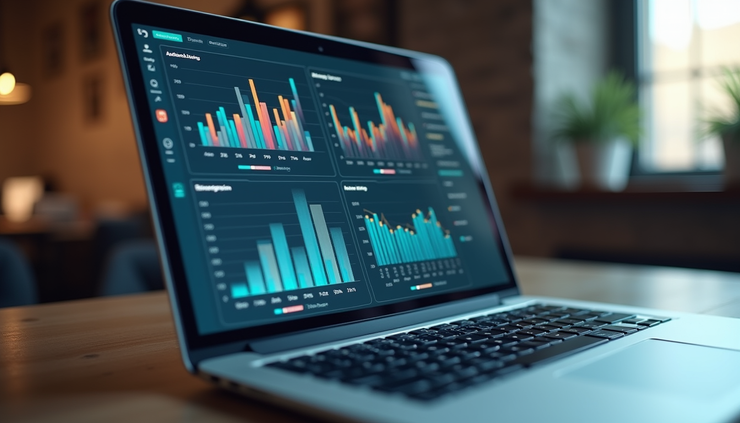 High angle view of a laptop screen showing AI analytics dashboard for video performance