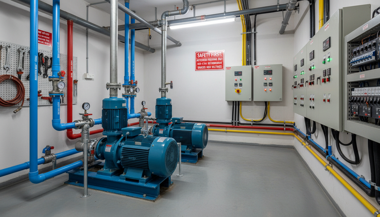 Eye-level view of water pumps and electrical panels inside a housing society service room.