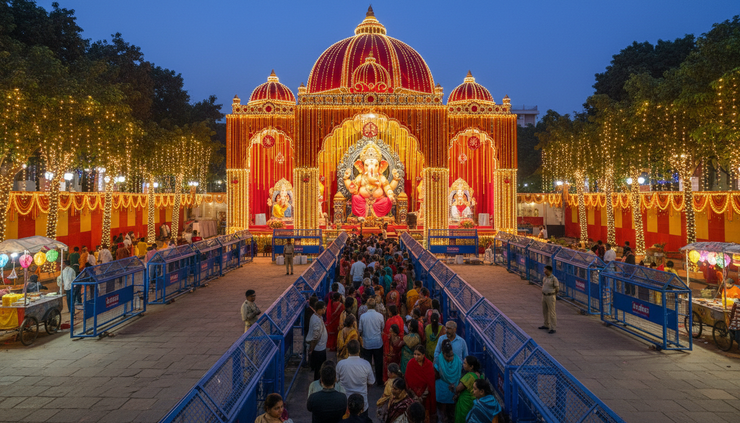 Wide-angle view of a decorated Ganpati pandal with visitors standing in an organised queue