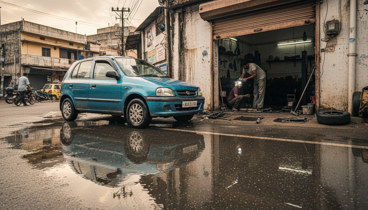 Wide-angle view of a car parked near a repair garage after rain