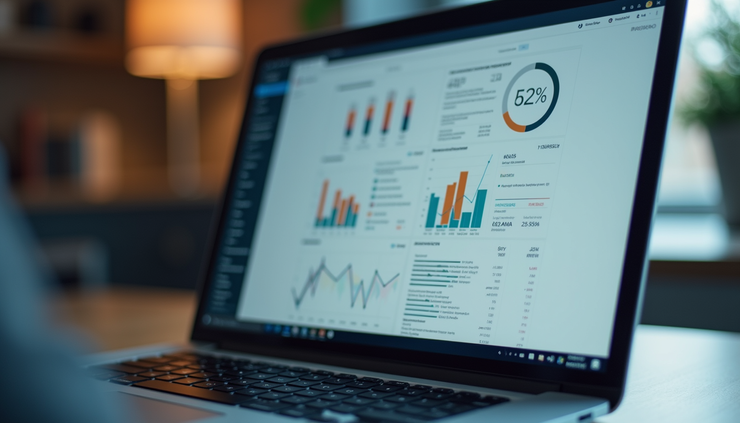 Eye-level view of a laptop screen showing keyword research data and AI analytics