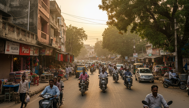 Wide-angle view of a busy Indian road in a growing city with scooters, cars and small shops.