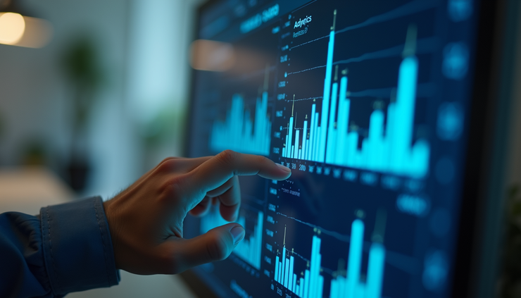 Close-up view of a touchscreen showing AI data analytics graphs