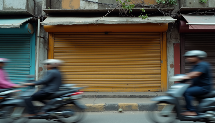 Eye-level view of a small retail shop in Mumbai with a closed shutter