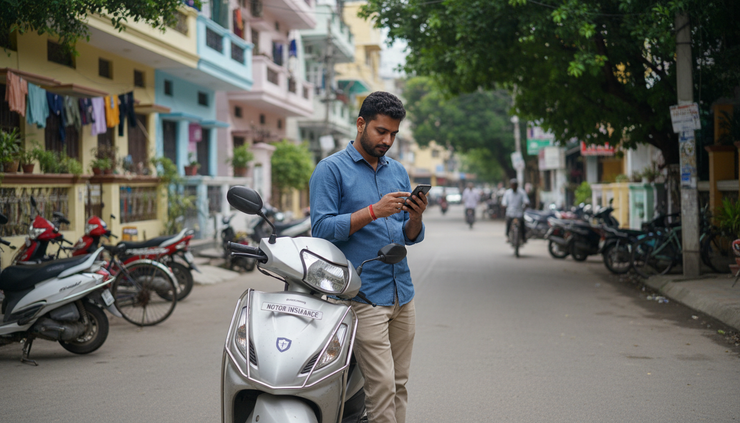 Eye-level view of a two-wheeler owner reading a motor insurance document beside a parked scooter