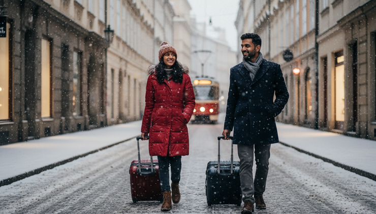 Eye-level view of travellers walking through a snowy European street with luggage.