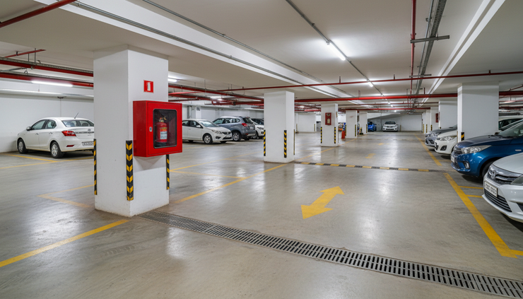 High-angle view of a basement parking area in an Indian apartment complex with cars and safety markings.