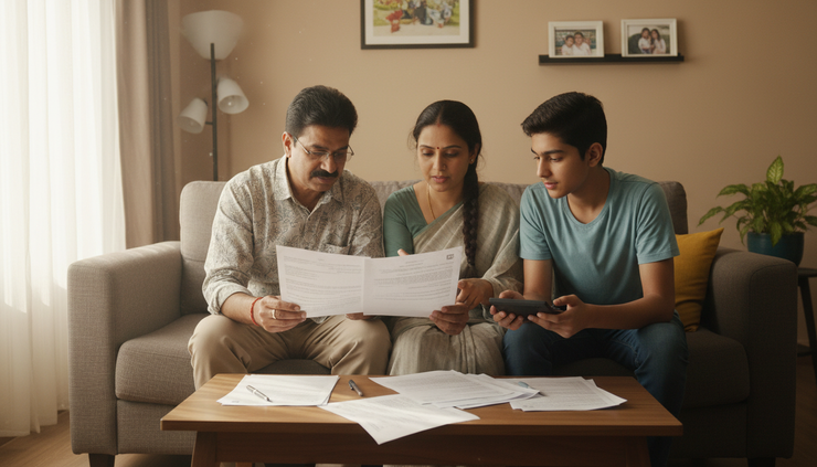 Eye-level view of an Indian family reviewing a life insurance policy at home